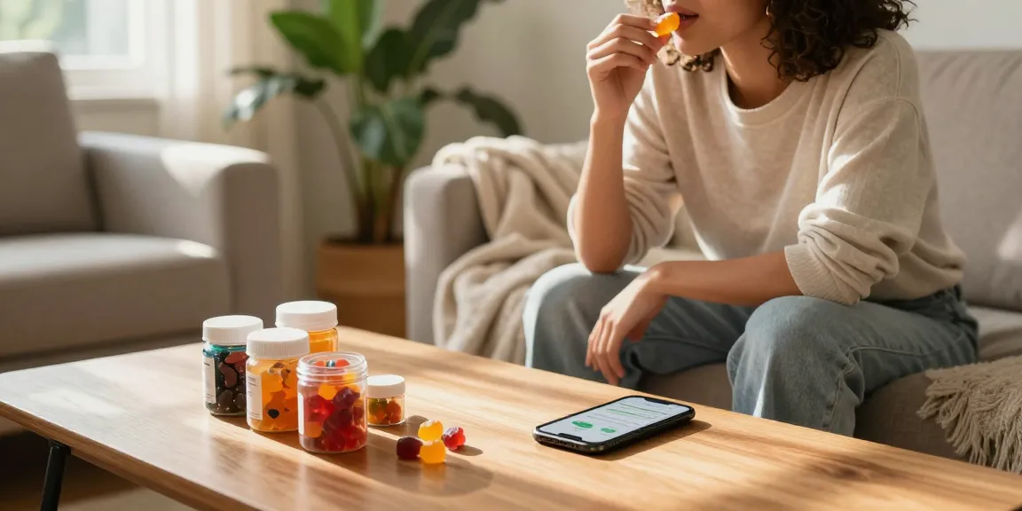 Enjoying legal delta 9 gummies in a cozy living room setting with colorful gummy jars.