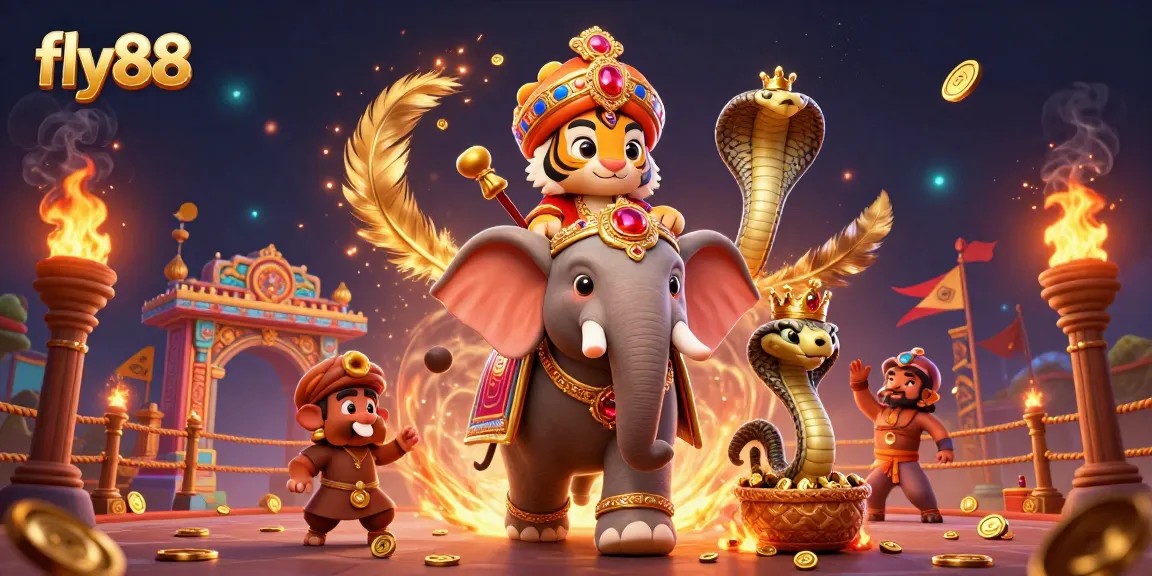 Join the excitement with fly88 in this colorful scene of gaming with a maharaja tiger, elephant, and cobra.