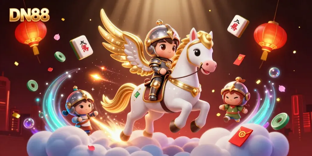 Experience thrilling gameplay at DN88 with a celestial horse and knight amidst vibrant casino elements.