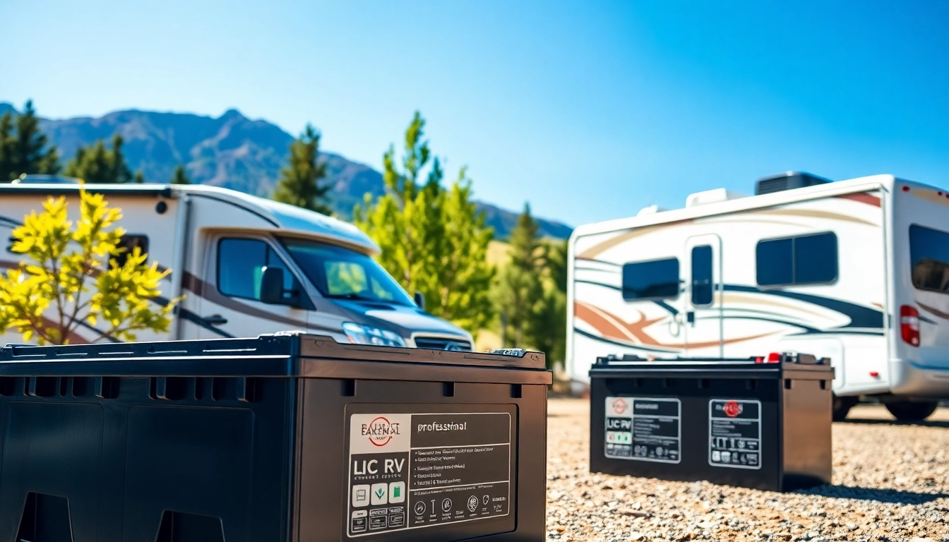 Showcase lithium RV batteries powering an RV in a scenic outdoor environment.