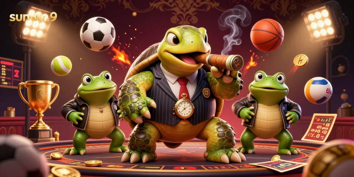 Experience thrilling casino fun with sunwin9's cartoon mobster characters and sports elements in a vibrant scene.