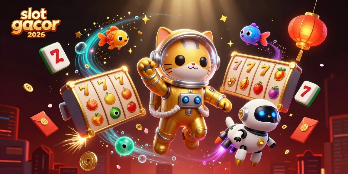Gambarlah slot gacor 2026 dengan karakter kucing astronot dan elemen judi yang menarik.