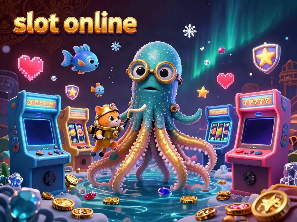 Engage in slot online gaming with a vibrant scene featuring a kraken, diving cat, and arcade elements.