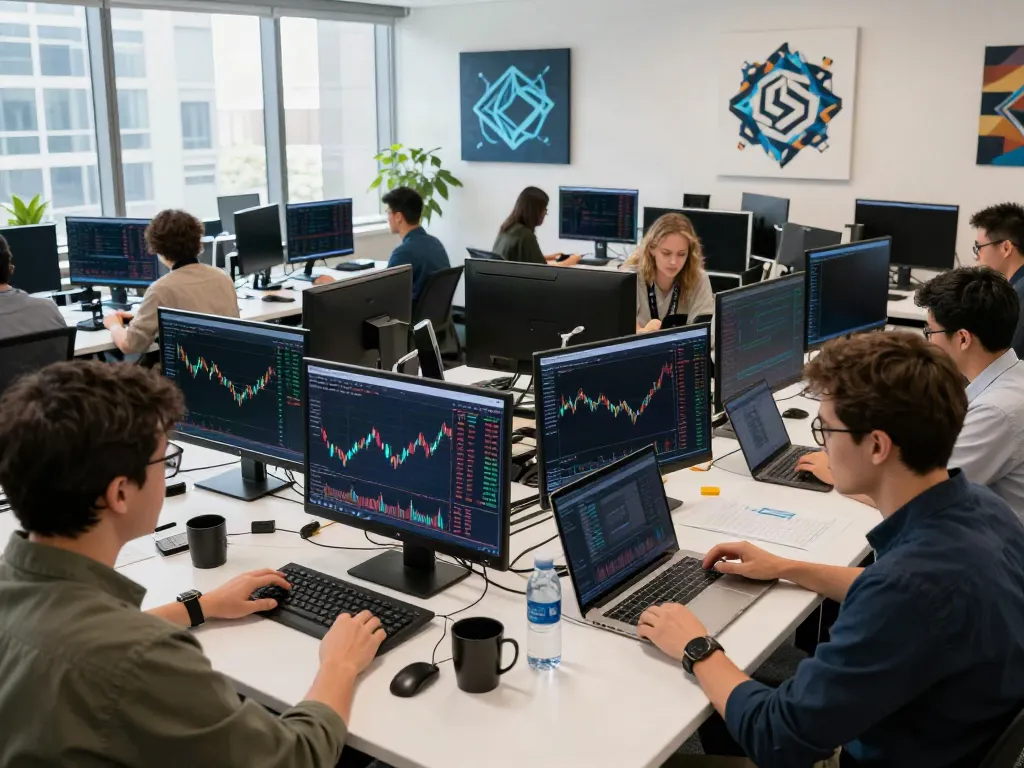 HK stock market data for quantitative trading displayed on multiple screens in a professional cryptocurrency trading workspace featuring analysts.