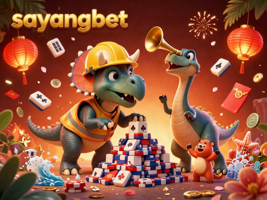 Experience the excitement of sayangbet with a 3D illustration of characters and festive elements celebrating online gaming.