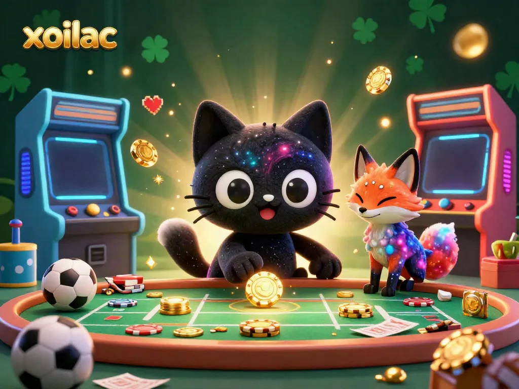 Xoilac delivers an exhilarating sports betting experience, depicted through a vibrant 3D illustration of a cosmic casino scene.