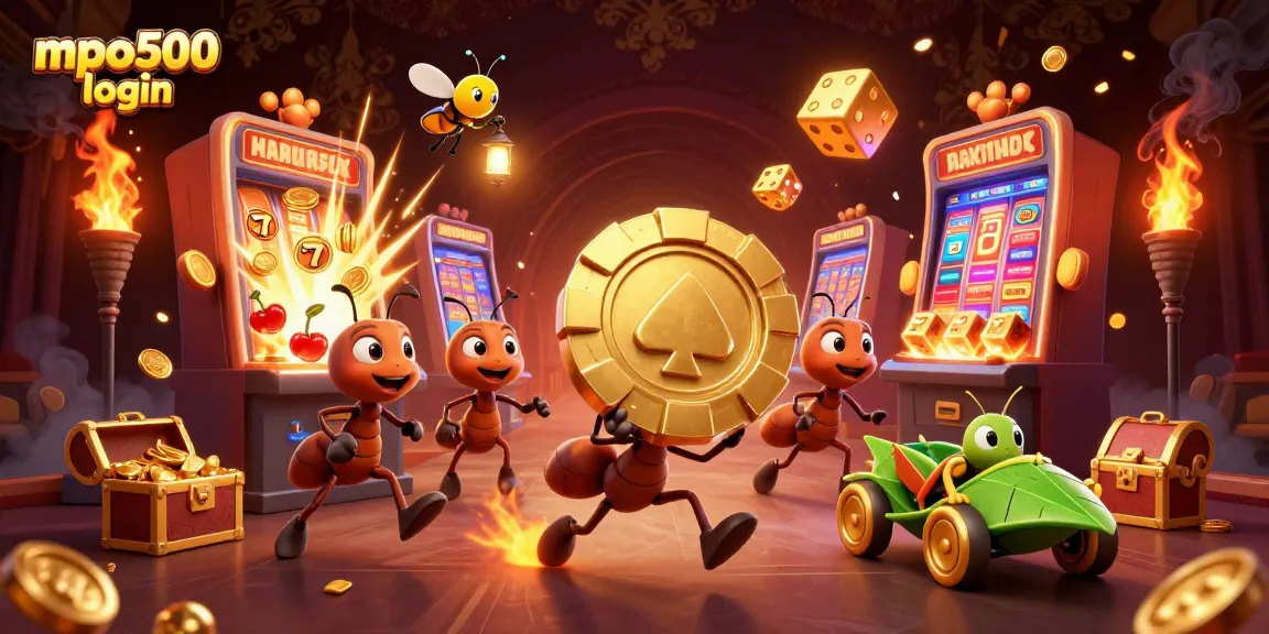Experience the excitement of mpo500 login with a vibrant heist scene featuring ants and casino elements.