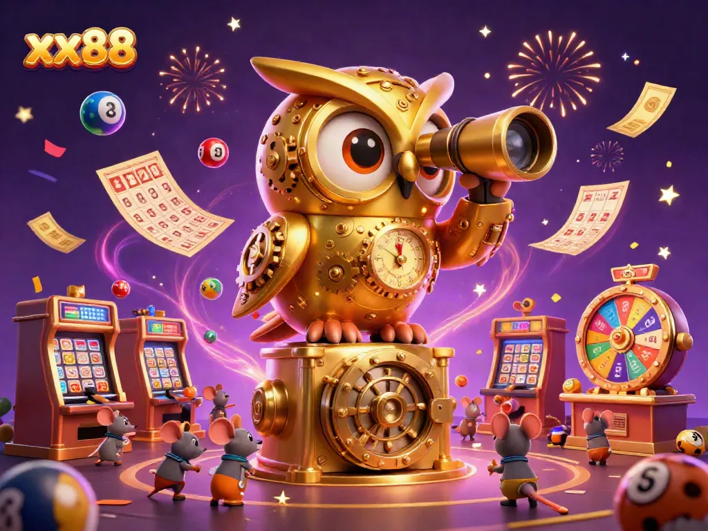 Engage with the lively casino atmosphere at xx88, featuring a clockwork owl and vibrant game elements.