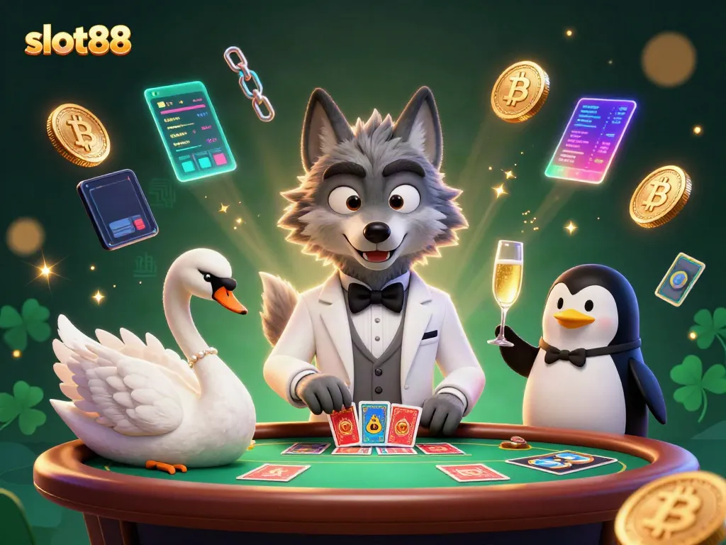 Experience excitement with slot88, featuring a debonair wolf and elegant characters at a baccarat table.