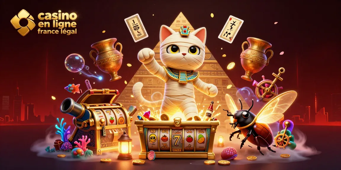 Découvrez le casino en ligne France légal avec une illustration dynamique de chats momies et des jeux de casino captivants.