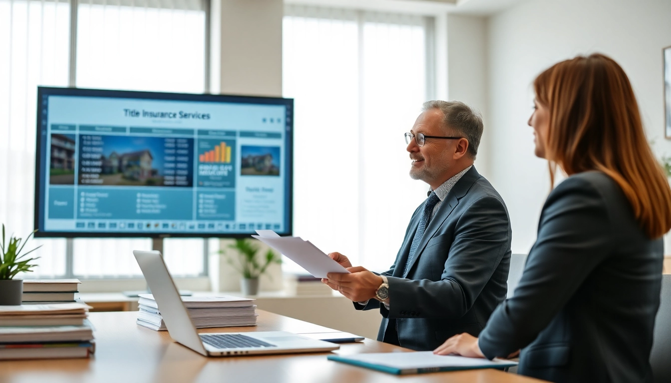 Engaging title insurance services discussion between an agent and client in a modern office.