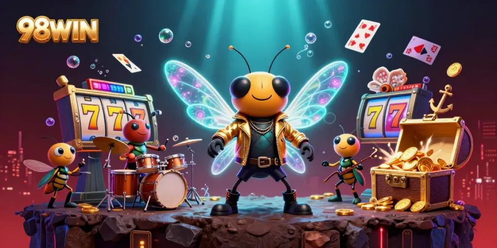 98WIN's high-energy casino scene with a cicada rock star, showcasing slots and colorful game elements.