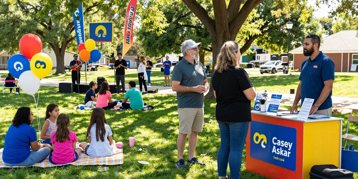 Community gathering featuring Casey Askar engaging with voters in a lively park.