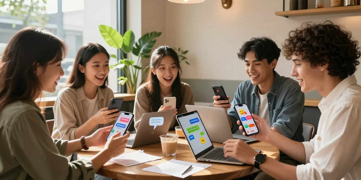 Friends using spicy chat AI in a cozy coffee shop, showcasing lively interaction with smartphones.