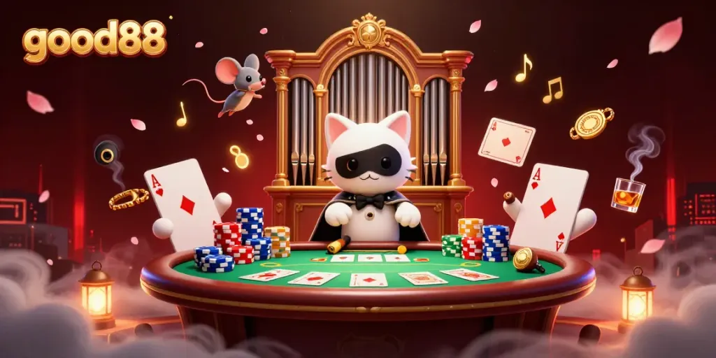 Experience the excitement of good88's online gaming with a vibrant casino scene featuring dynamic characters and rich details.