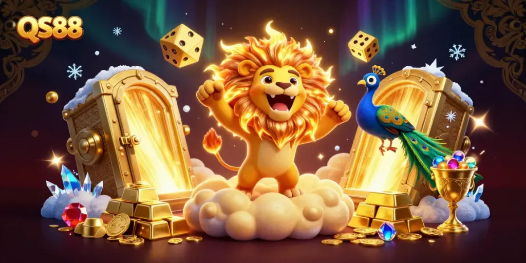 Experience thrilling wins at QS88 with vibrant casino elements and golden treasures cascading.