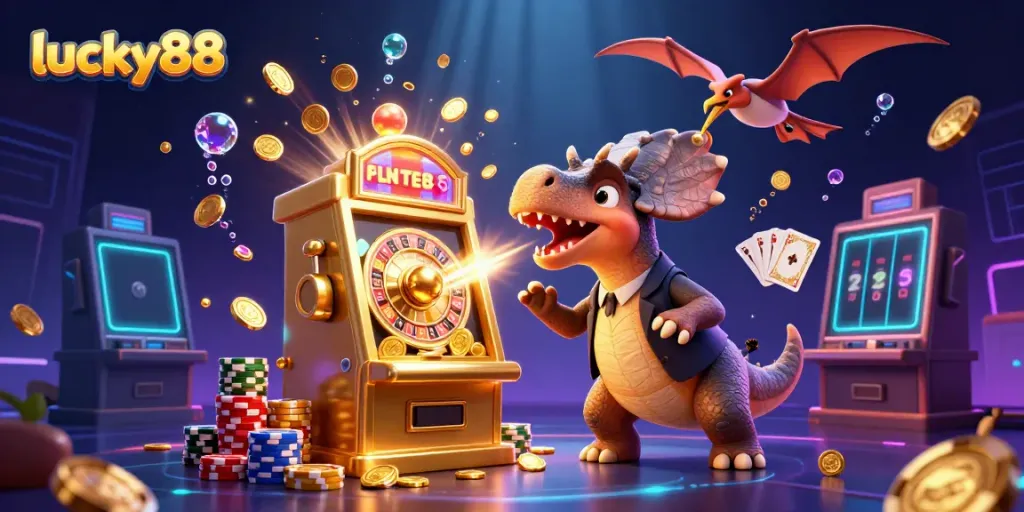 Experience the excitement of lucky88 with a cartoon dinosaur winning jackpot coins amidst vibrant casino elements.