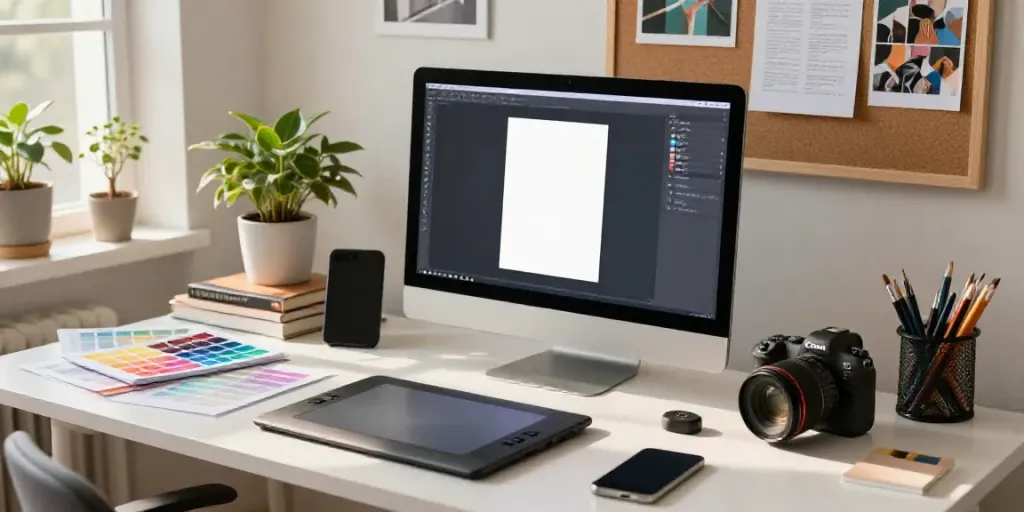 Designer generating eye-catching covers with an affordable AI cover image generator in a bright modern workspace.