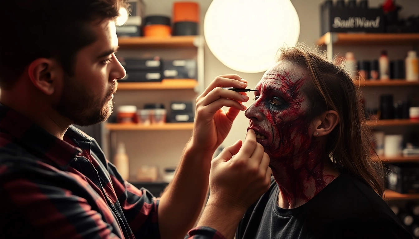 Showcasing special effects makeup Dallas TX artist creating a zombie look with detailed wounds.