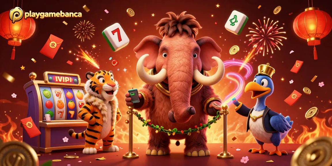 Playgamebanca welcomes players with a lively scene featuring unique characters and casino symbols.