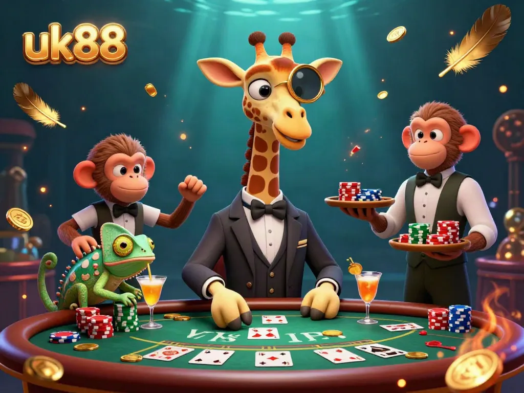 Experience excitement at uk88 with a high-roller giraffe, monkey valet, and chameleon bartender at a vibrant casino scene.