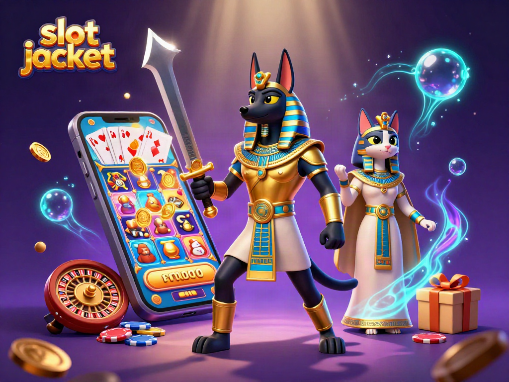 Spin into action with a slot jackpot! Anubis and Bastet celebrate a winning moment in a vibrant casino scene.