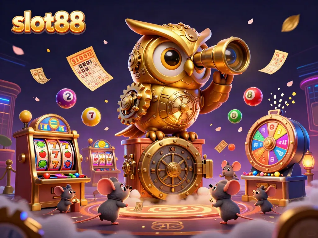 Permainan menarik di slot88 diilustrasikan oleh hantu burung hantu emas besar dan tikus bermain.