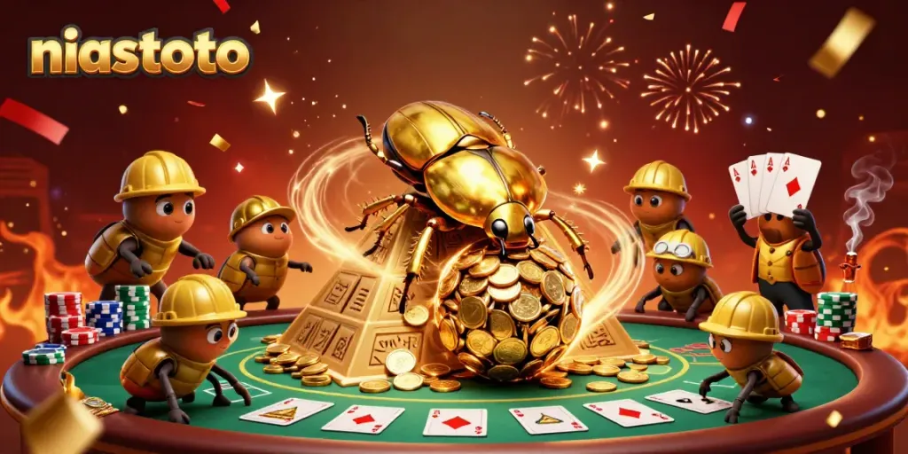 Experience thrilling gameplay with niastoto as golden beetles roll coins in an enchanting casino scene.