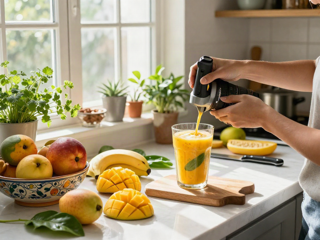 Blending a Camino mango serenity smoothie with fresh ingredients in a sunlit kitchen.