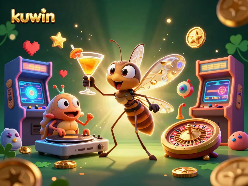 Kuwin casino’s vibrant scene shows a frozen mosquito mascot, a trilobite DJ, and a roulette wheel amidst arcade nostalgia.