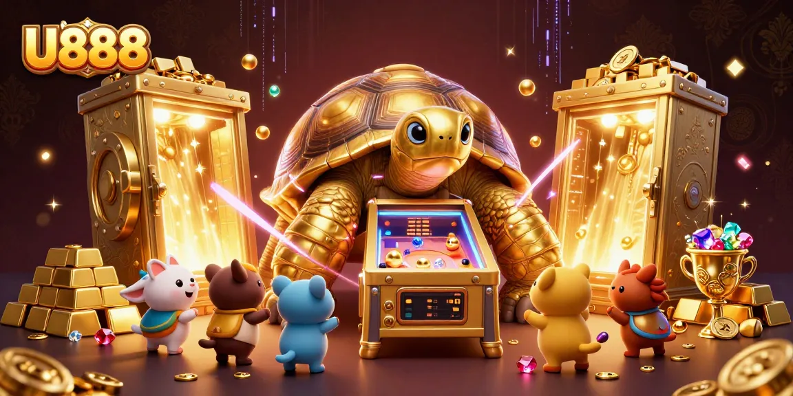 Experience the joy of U888 gaming with the colossal interactive tortoise pinball machine surrounded by treasure.