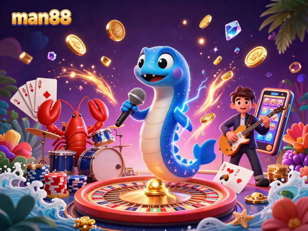 Join man88 in an electrifying underwater casino, where the eel DJ spins amidst sparkling gems and coins.