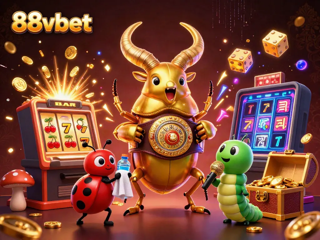 Experience the excitement of 88vbet with a vibrant 3D casino scene featuring a giant beetle champion and dynamic game elements.