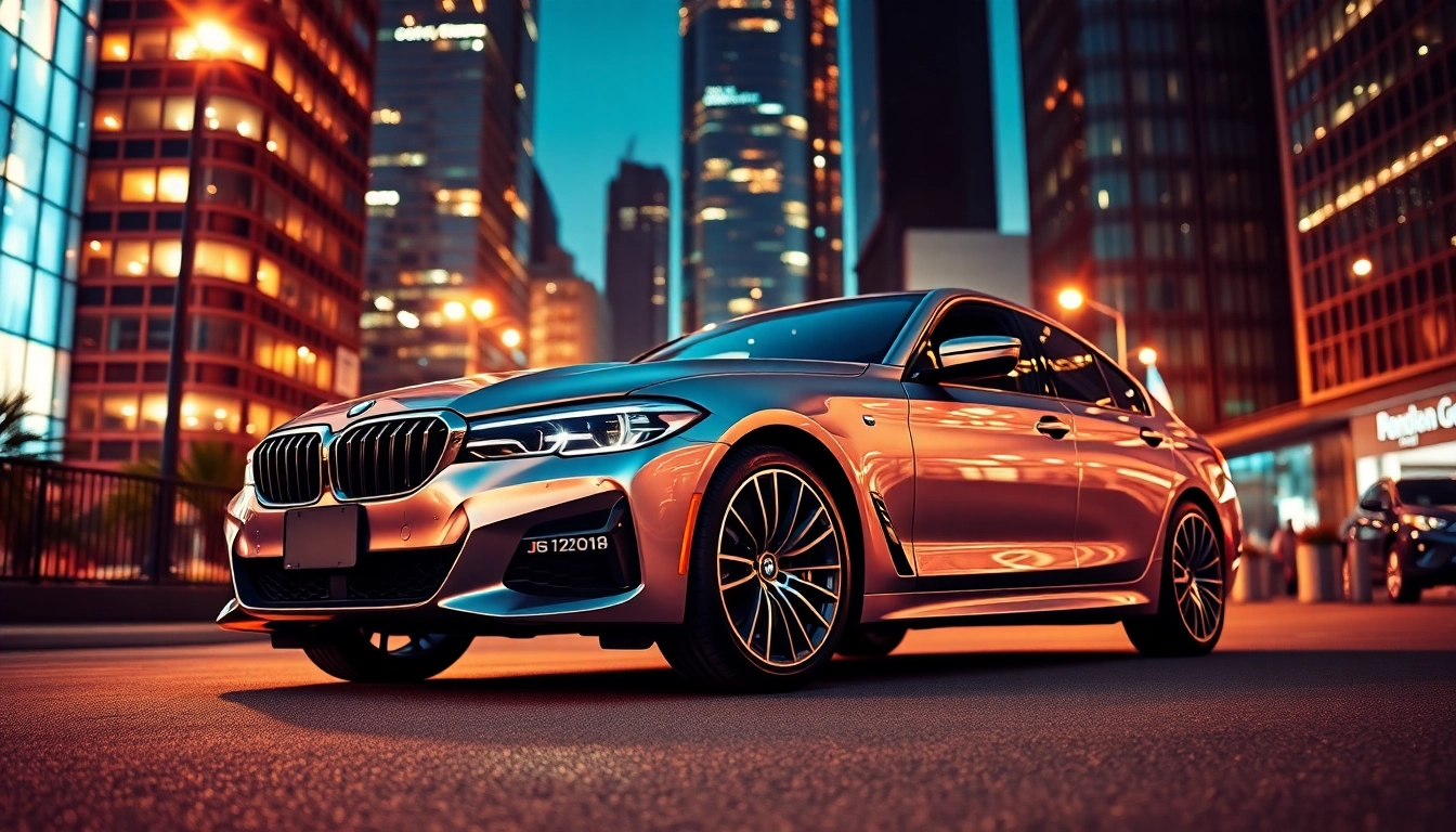 Luxury BMW car parked elegantly in a bustling urban setting, highlighting its sleek design.