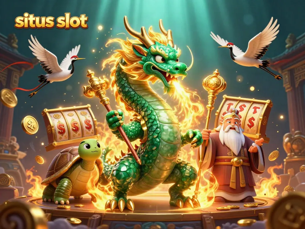 Ilustrasi 3D kasino menampilkan situs slot dengan karakter naga dan kura-kura di dalam suasana yang kaya.