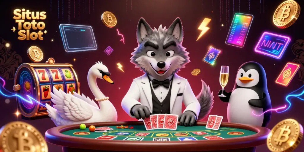 Permainan Situs Toto Slot dengan simbol slot, koin kripto, dan karakter kartun yang menarik.