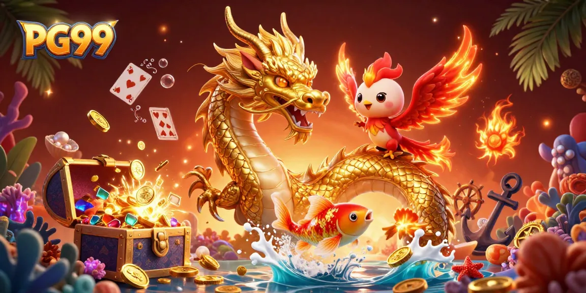 Experience the thrill of PG99 with a dynamic dragon, fiery phoenix, and lucky koi in an epic casino scene.