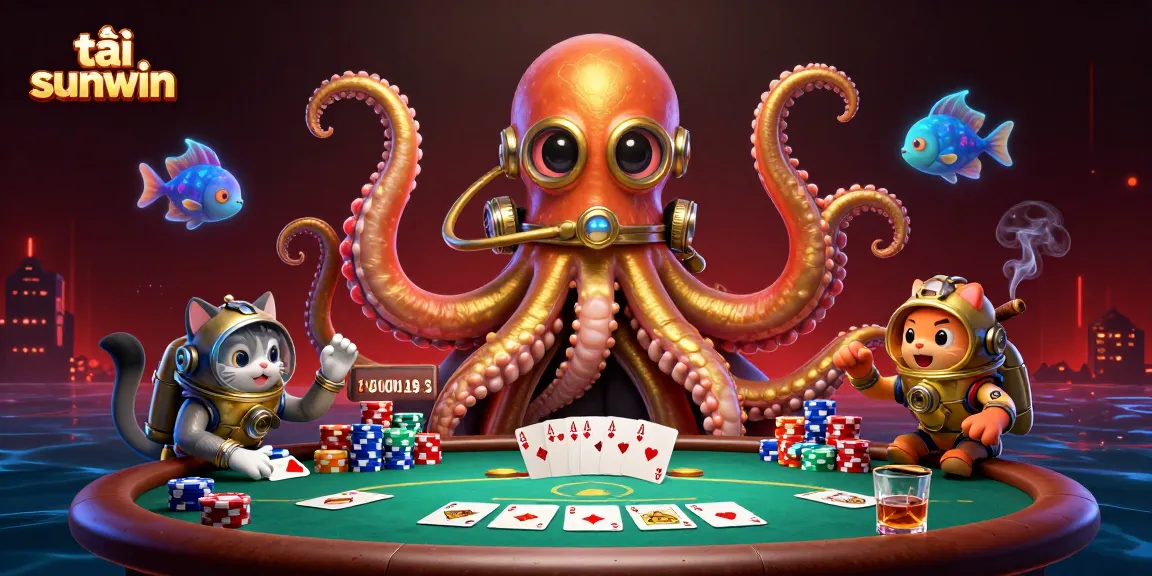 Tải sunwin: Engage with a vibrant casino scene featuring a kraken and cat amidst poker elements.