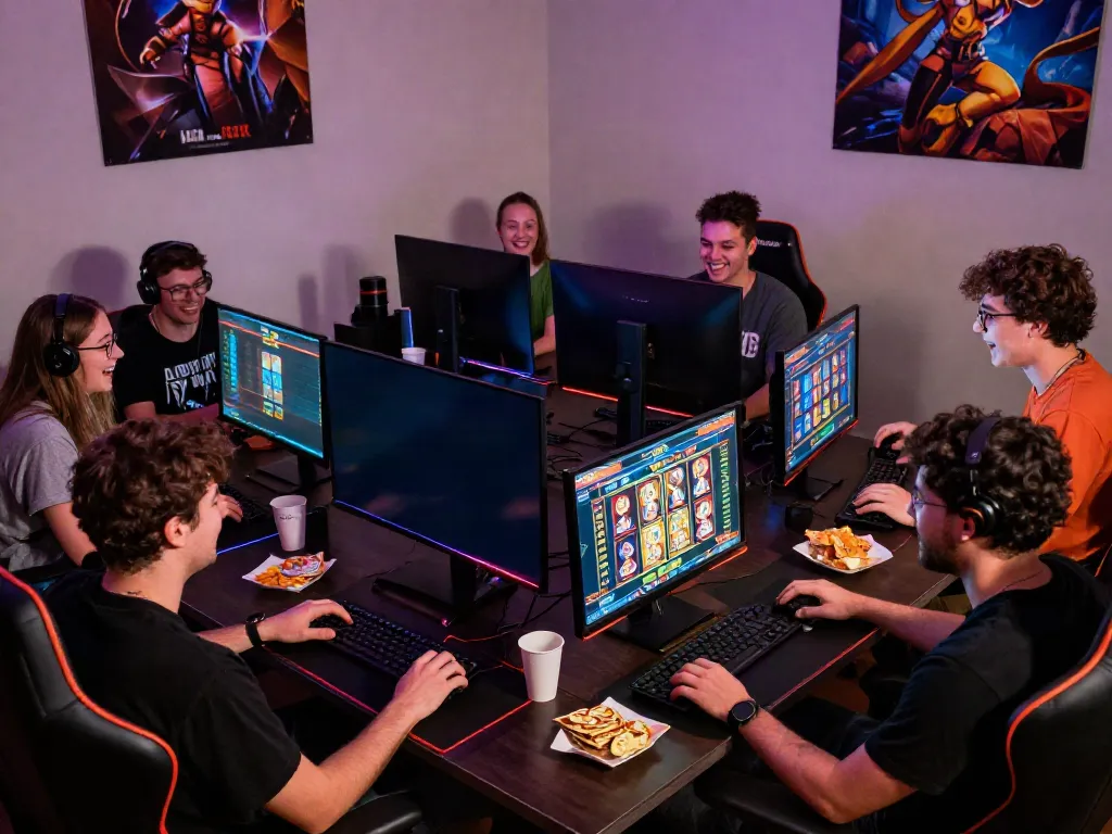 Friends enjoying competitive slot gaming experience with vibrant screens and lively atmosphere.