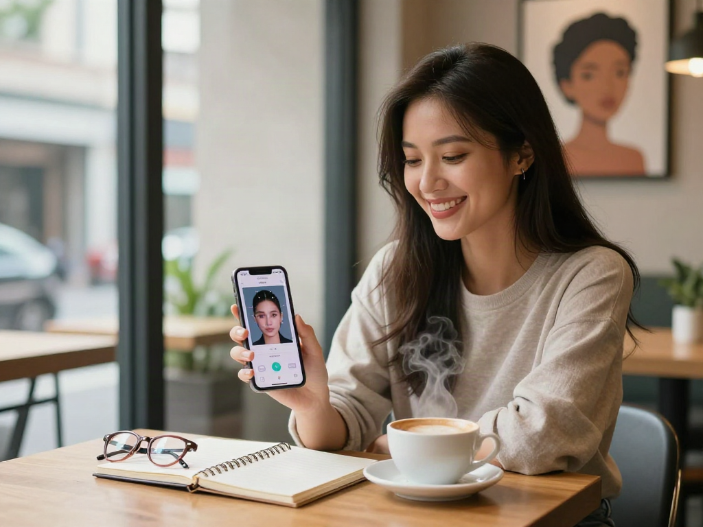 Engaging in an attractiveness test at a café, woman using smartphone to evaluate beauty.