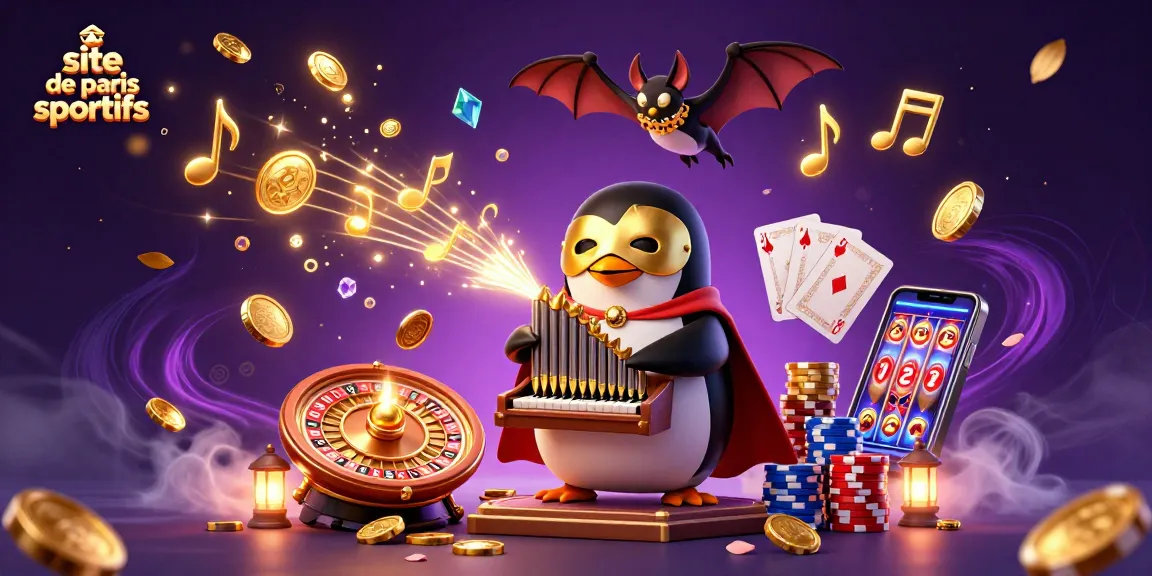 Image dynamique d'un site de paris sportifs avec un pingouin jouant un orgue fantastique, des pièces volantes, et un roi des jeux.