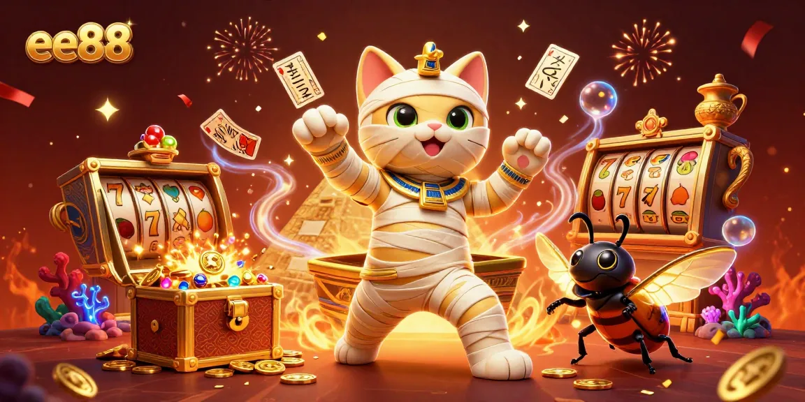 Experience the excitement of ee88 with a dynamic 3D casino illustration featuring a mummy cat and treasures.