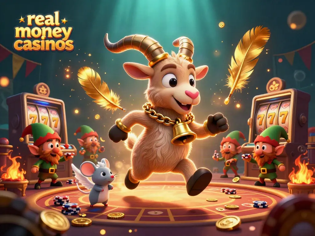Engaging scene depicting real money casinos with cartoon Krampus, angel mouse, and elf gremlins in action.