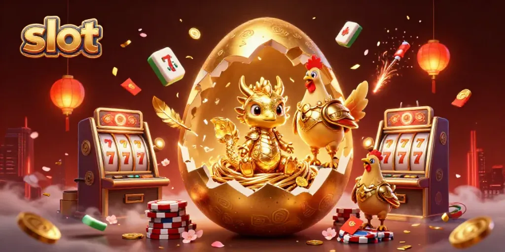 Slot mesin yang menarik dengan naga emas dan poker chip yang dikelilingi oleh elemen kasino yang menyenangkan.