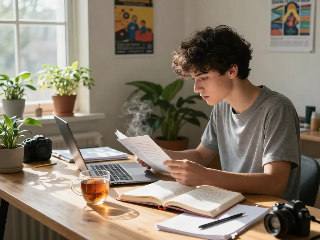 Engaged student reading an article at a wooden desk with tea and notes.
