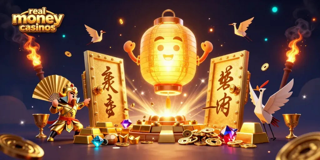 Win real money casinos with thrilling games, golden treasures, and vibrant characters in an enchanting casino scene.