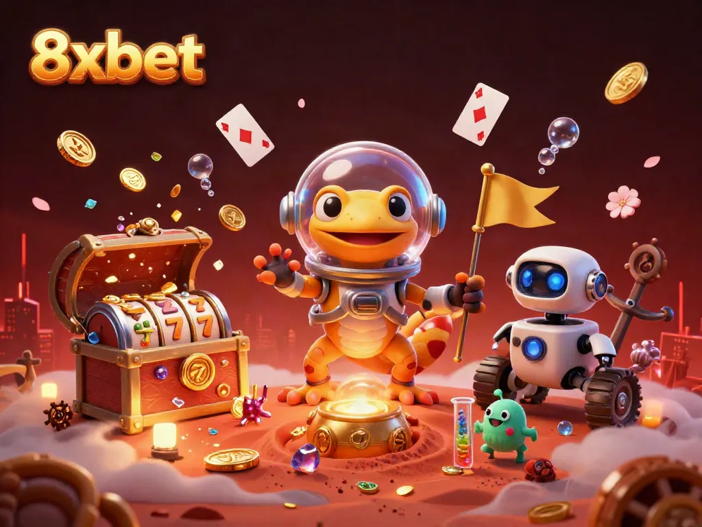 Experience thrilling jackpots at 8xbet with a vivid Martian casino adventure illustration.