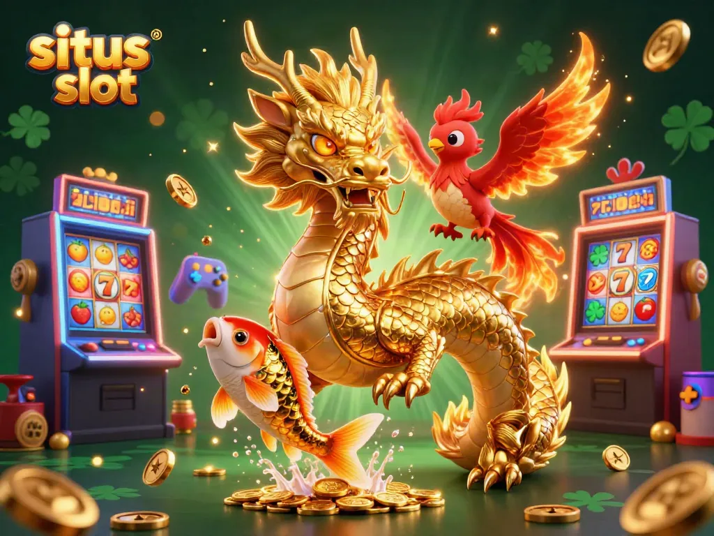 Menikmati hiburan situs slot dengan karakter naga dan burung phoenix di tengah hujan koin.