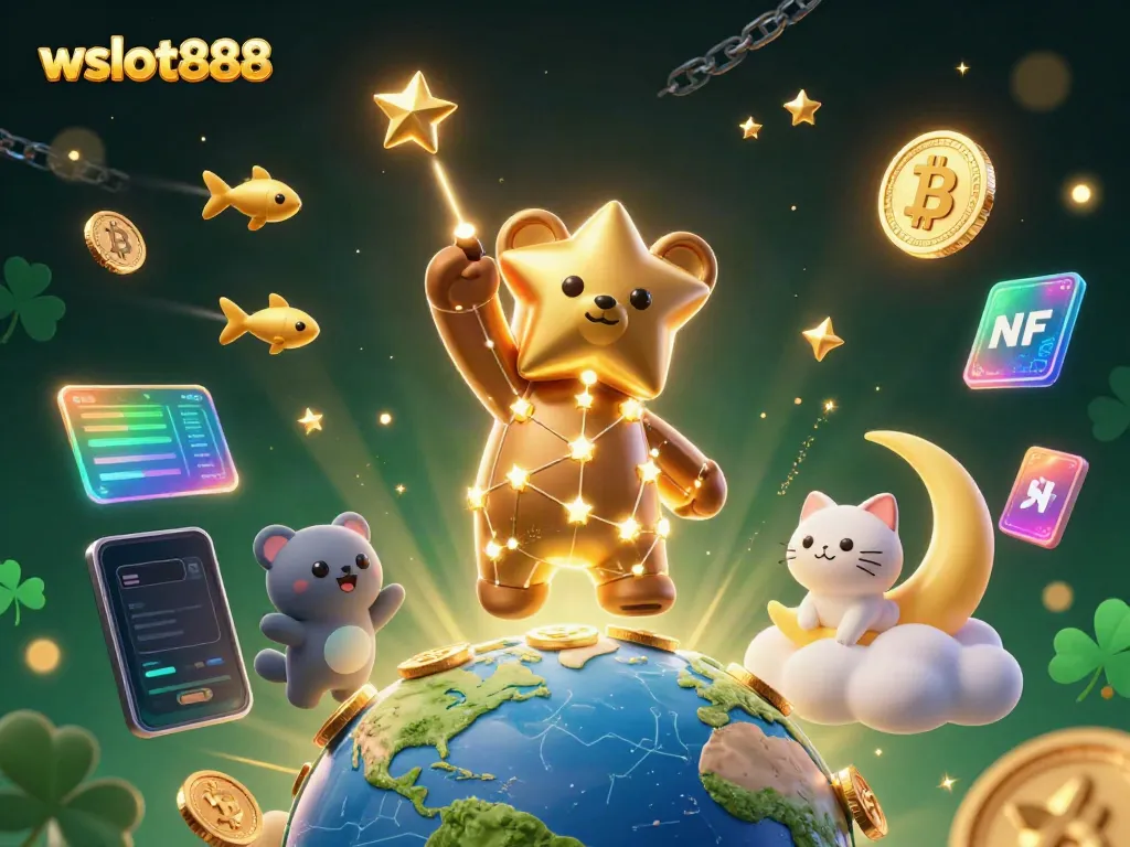 Gali jackpot besar dengan wslot888 dan bintang keberuntungan dalam ilustrasi 3D.