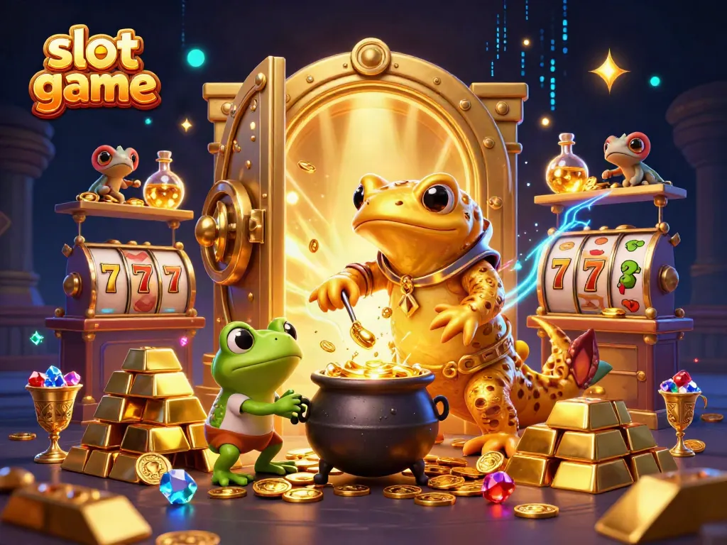 Experience thrilling slot game action with a golden salamander alchemist and magical scenes.
